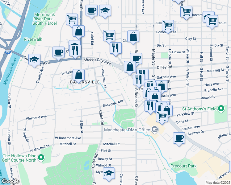 map of restaurants, bars, coffee shops, grocery stores, and more near 93 Ramsay Street in Manchester