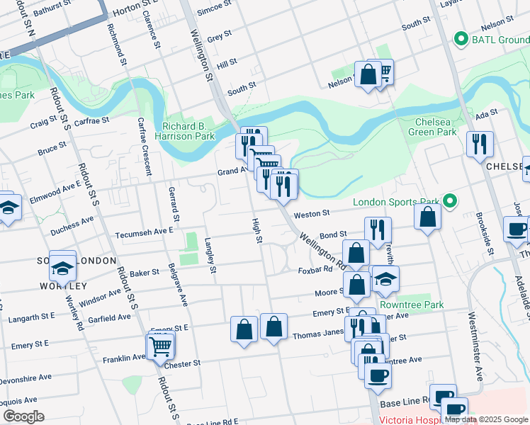 map of restaurants, bars, coffee shops, grocery stores, and more near 118 Wellington Road in London