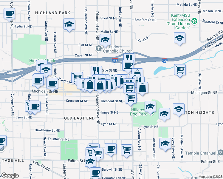 map of restaurants, bars, coffee shops, grocery stores, and more near 1045 Michigan Street Northeast in Grand Rapids