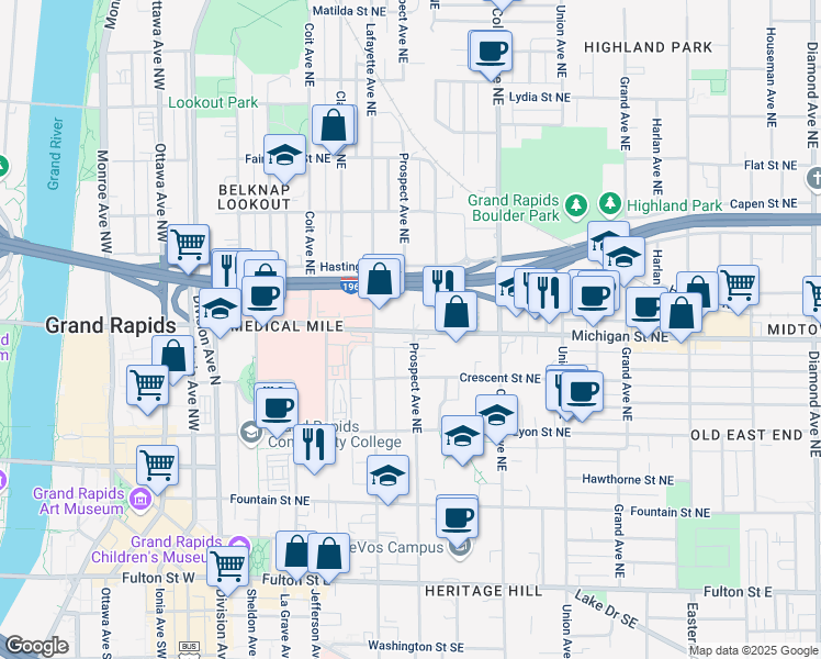 map of restaurants, bars, coffee shops, grocery stores, and more near 333 Michigan Street Northeast in Grand Rapids