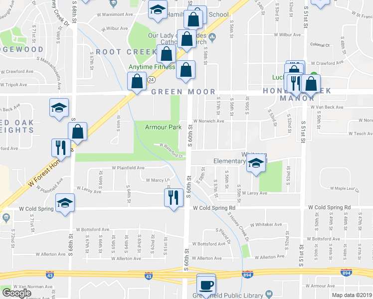 map of restaurants, bars, coffee shops, grocery stores, and more near 6300 West Layton Avenue in Greenfield
