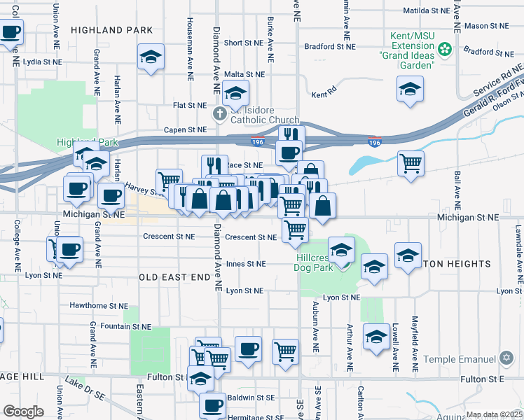 map of restaurants, bars, coffee shops, grocery stores, and more near 1093 Michigan Street Northeast in Grand Rapids