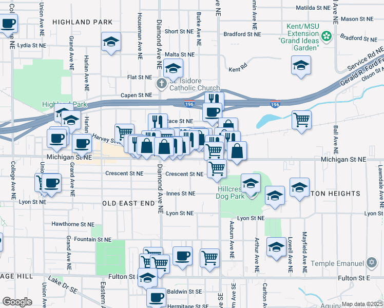 map of restaurants, bars, coffee shops, grocery stores, and more near 1085 Michigan Street Northeast in Grand Rapids
