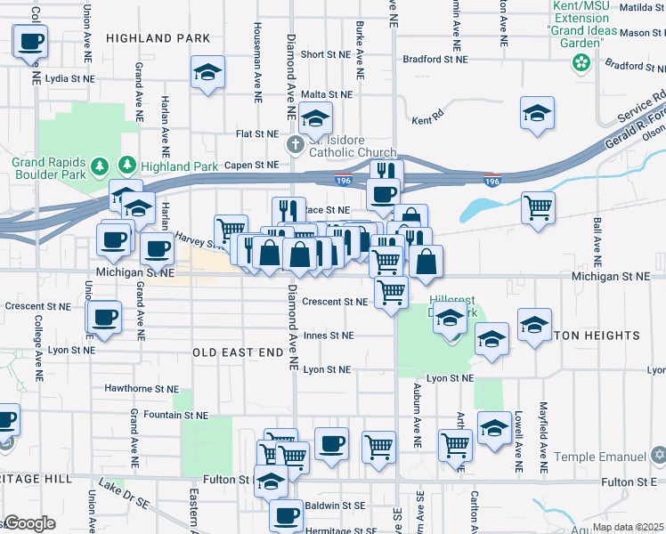 map of restaurants, bars, coffee shops, grocery stores, and more near 1045 Michigan Street Northeast in Grand Rapids