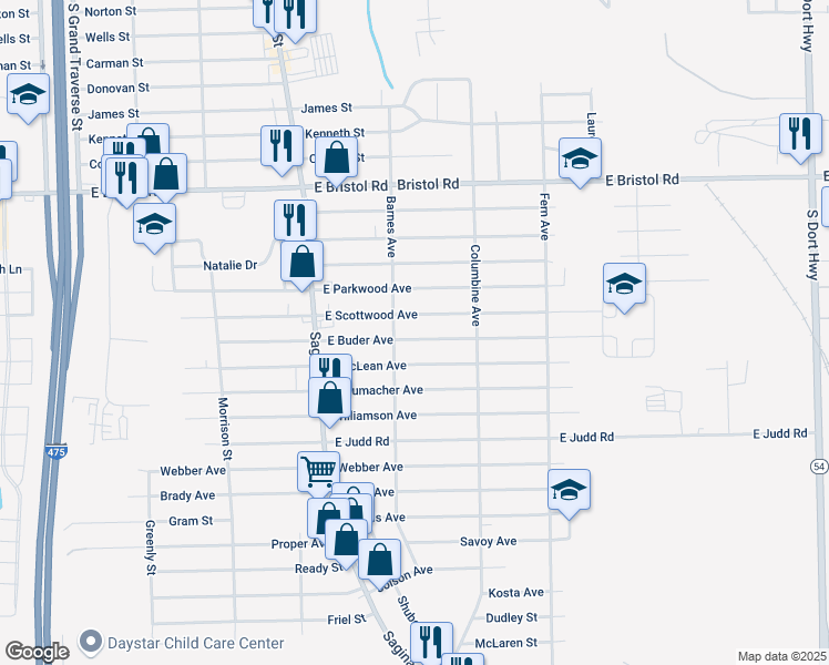 map of restaurants, bars, coffee shops, grocery stores, and more near 2112 East Scottwood Avenue in Burton