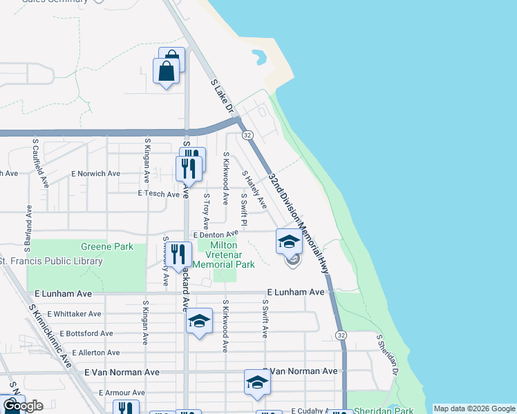 map of restaurants, bars, coffee shops, grocery stores, and more near 4056 South Hately Avenue in Saint Francis