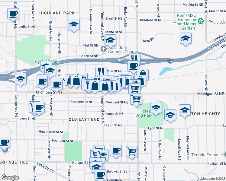 map of restaurants, bars, coffee shops, grocery stores, and more near 1035 Michigan Street Northeast in Grand Rapids