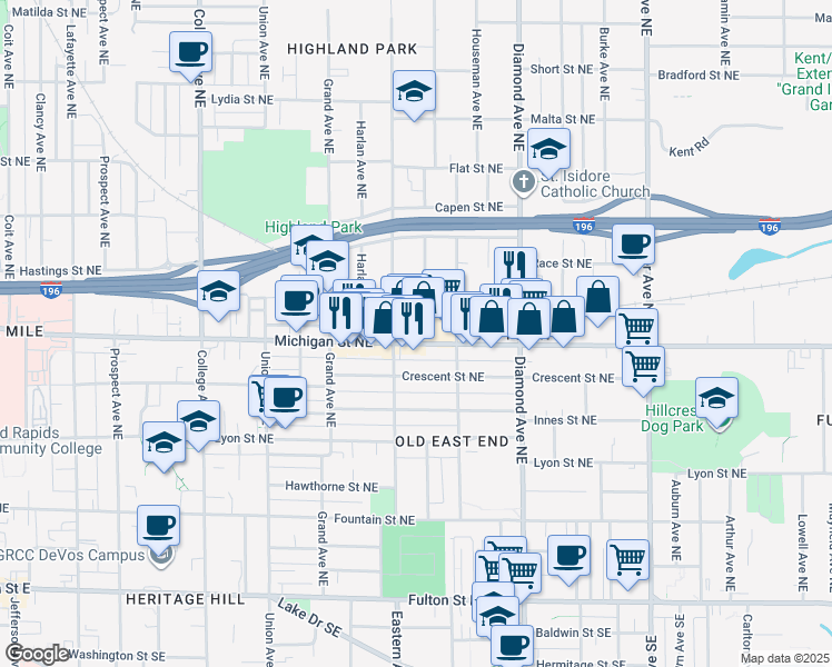 map of restaurants, bars, coffee shops, grocery stores, and more near 821 Michigan Street Northeast in Grand Rapids