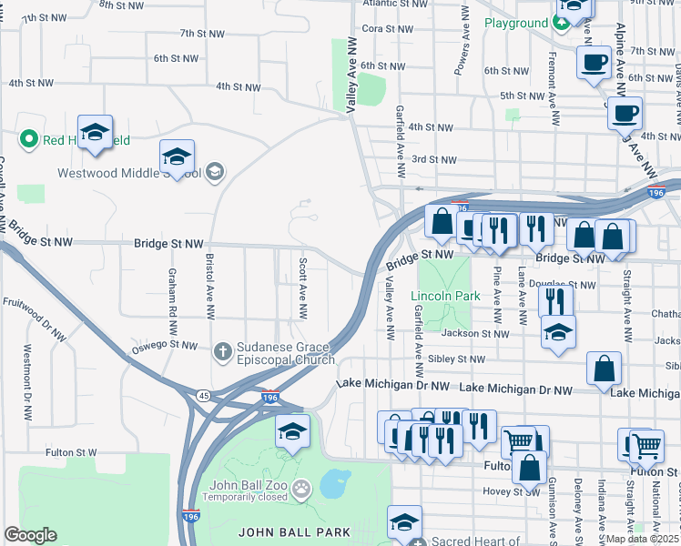 map of restaurants, bars, coffee shops, grocery stores, and more near 1342 Bridge Street Northwest in Grand Rapids