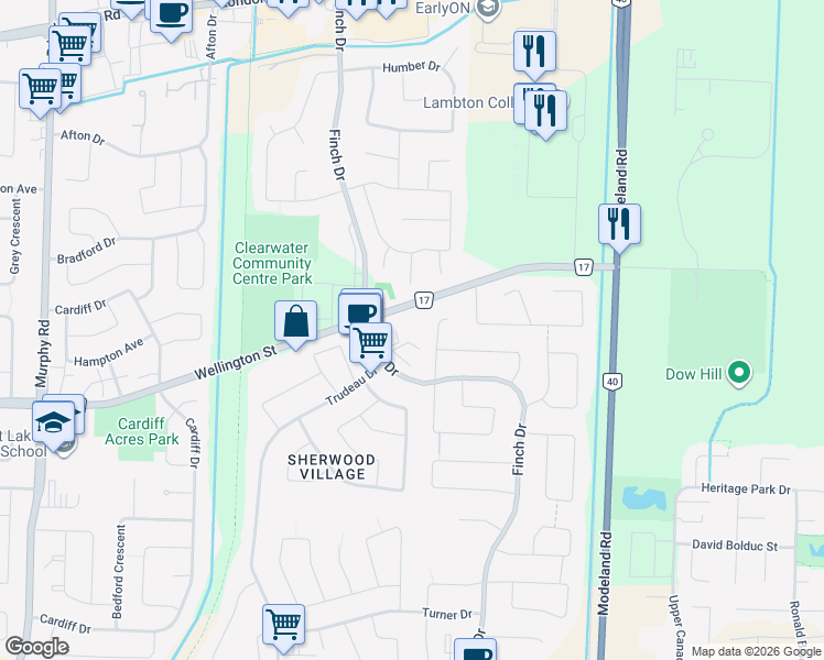 map of restaurants, bars, coffee shops, grocery stores, and more near 64 Finch Drive in Sarnia