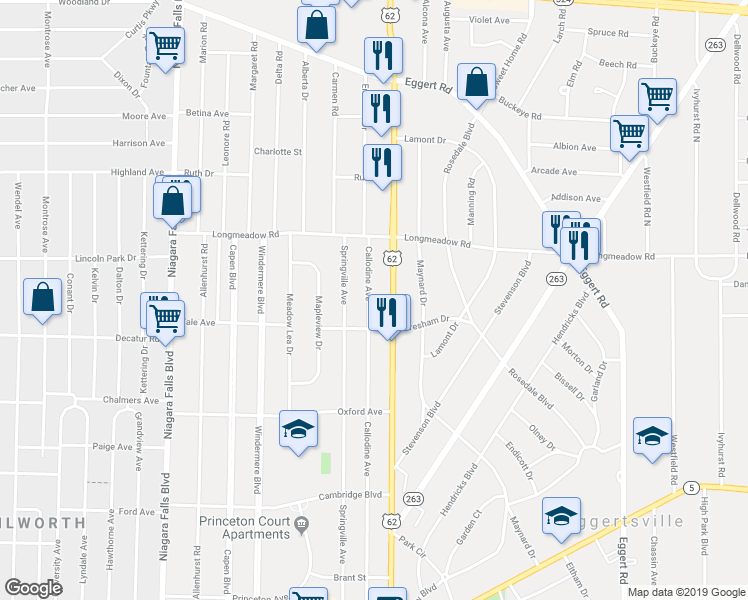map of restaurants, bars, coffee shops, grocery stores, and more near 405 Callodine Avenue in Buffalo