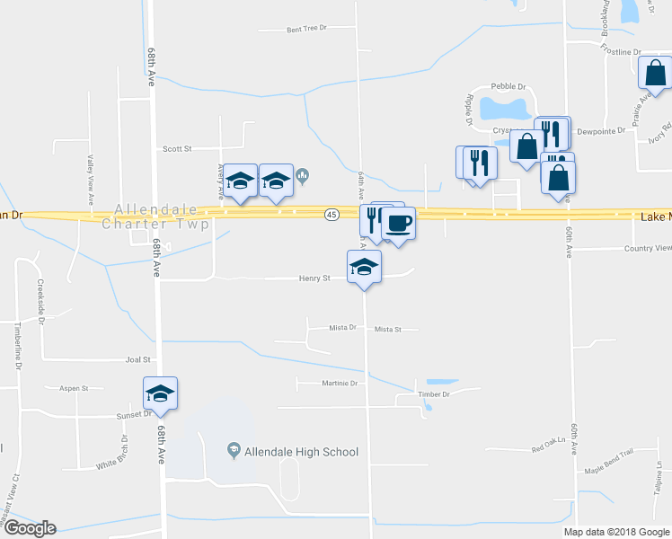 map of restaurants, bars, coffee shops, grocery stores, and more near 6453 Henry Street in Allendale Charter Township