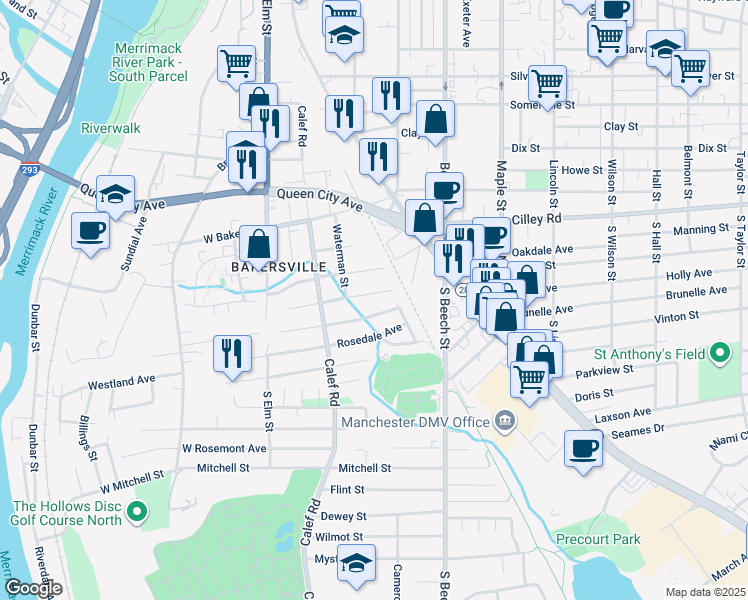 map of restaurants, bars, coffee shops, grocery stores, and more near 93 Ramsay Street in Manchester