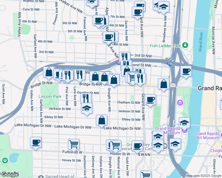 map of restaurants, bars, coffee shops, grocery stores, and more near 754 Bridge Street Northwest in Grand Rapids