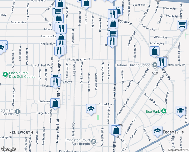 map of restaurants, bars, coffee shops, grocery stores, and more near 120 Mapleview Drive in Buffalo
