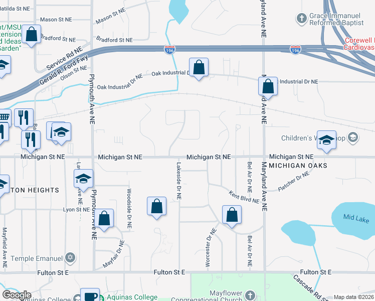 map of restaurants, bars, coffee shops, grocery stores, and more near 2121 Michigan Street Northeast in Grand Rapids