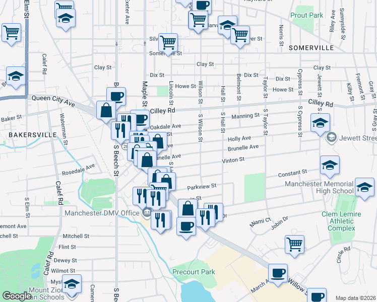 map of restaurants, bars, coffee shops, grocery stores, and more near 160 Brunelle Avenue in Manchester