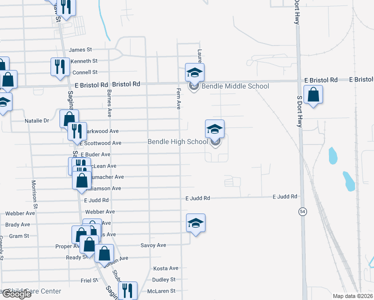 map of restaurants, bars, coffee shops, grocery stores, and more near 2267 East Buder Avenue in Burton