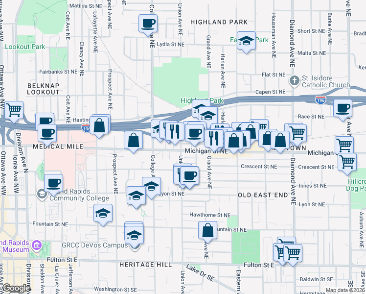 map of restaurants, bars, coffee shops, grocery stores, and more near 430 Union Avenue Northeast in Grand Rapids
