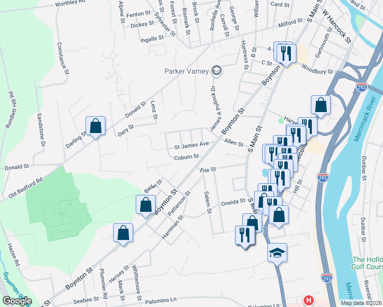 map of restaurants, bars, coffee shops, grocery stores, and more near 29 Coburn Street in Manchester