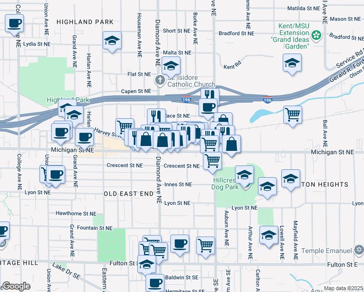 map of restaurants, bars, coffee shops, grocery stores, and more near 1037 Michigan Street Northeast in Grand Rapids