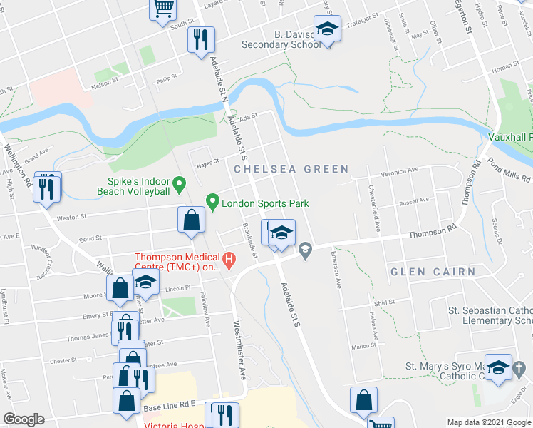 map of restaurants, bars, coffee shops, grocery stores, and more near 76 Adelaide Street South in London
