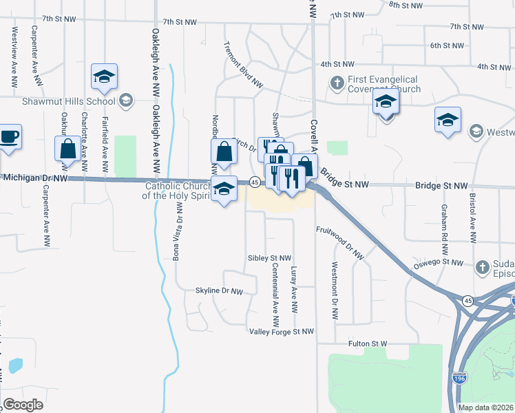 map of restaurants, bars, coffee shops, grocery stores, and more near 2125 Cayuga Street Northwest in Grand Rapids