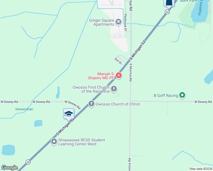 map of restaurants, bars, coffee shops, grocery stores, and more near 1880 Michigan 52 in Owosso