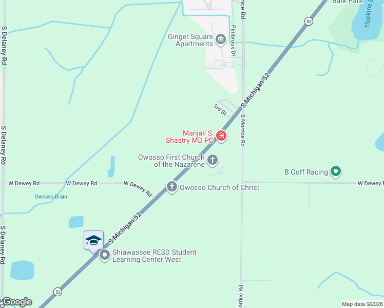 map of restaurants, bars, coffee shops, grocery stores, and more near 1880 Michigan 52 in Owosso