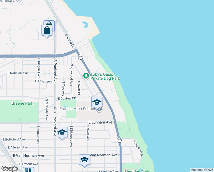 map of restaurants, bars, coffee shops, grocery stores, and more near 4100 South Lake Drive in Saint Francis