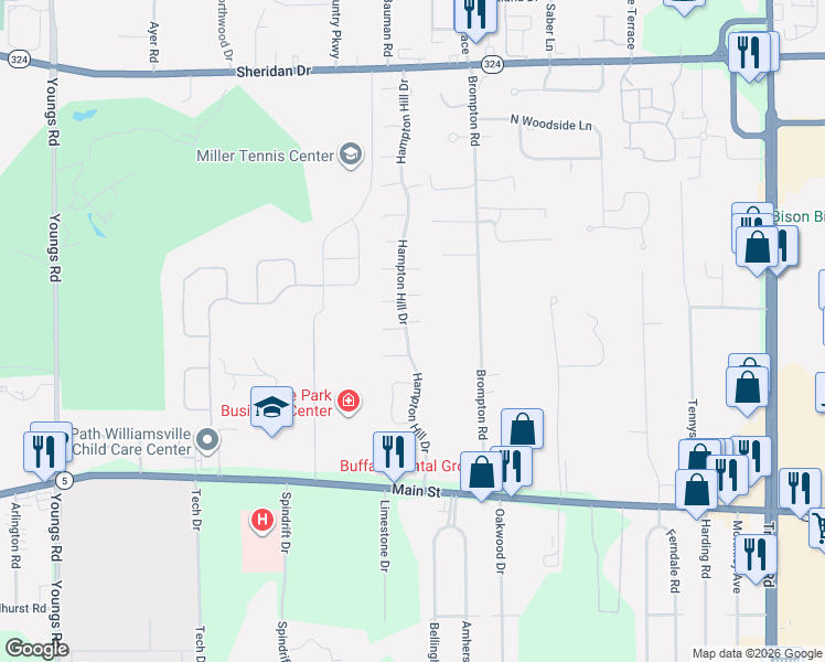 map of restaurants, bars, coffee shops, grocery stores, and more near 177 Hampton Hill Drive in Buffalo