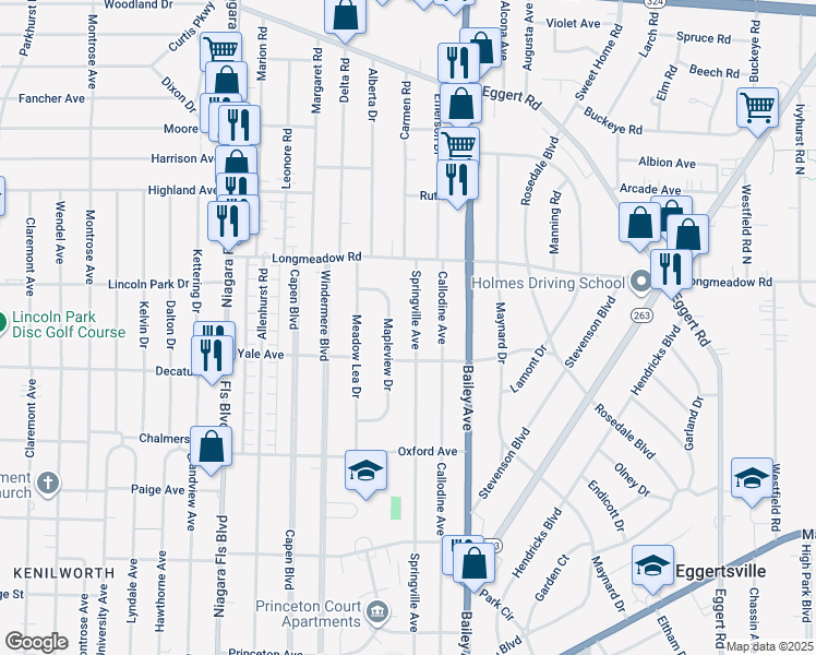 map of restaurants, bars, coffee shops, grocery stores, and more near 424 Springville Avenue in Buffalo