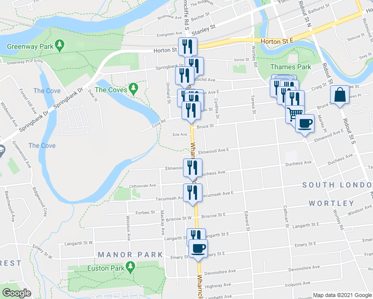 map of restaurants, bars, coffee shops, grocery stores, and more near 201 Wharncliffe Road South in London