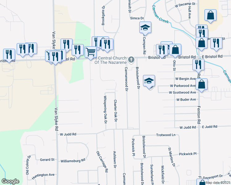 map of restaurants, bars, coffee shops, grocery stores, and more near 4099 Whispering Oak Drive in Flint