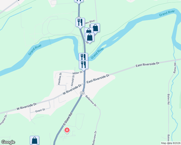 map of restaurants, bars, coffee shops, grocery stores, and more near 1231 Michigan 66 in Ionia