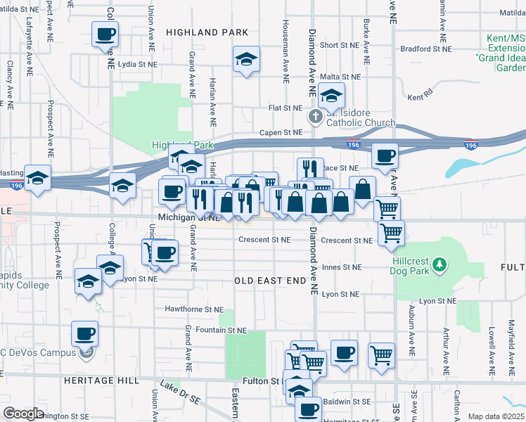 map of restaurants, bars, coffee shops, grocery stores, and more near 821 Michigan Street Northeast in Grand Rapids