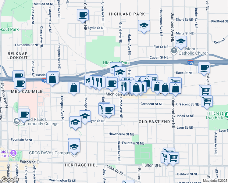 map of restaurants, bars, coffee shops, grocery stores, and more near 637 Michigan Street Northeast in Grand Rapids