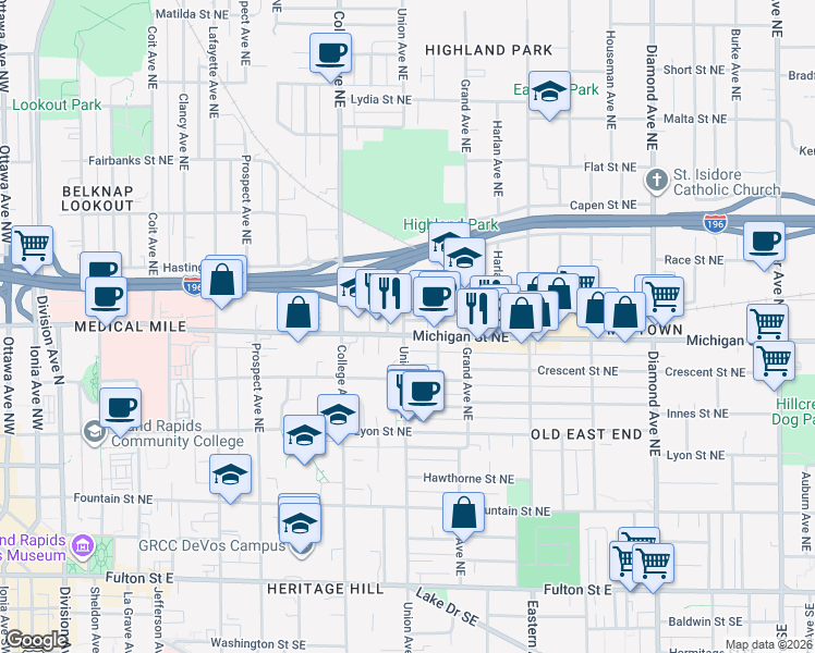 map of restaurants, bars, coffee shops, grocery stores, and more near 430 Union Avenue Northeast in Grand Rapids