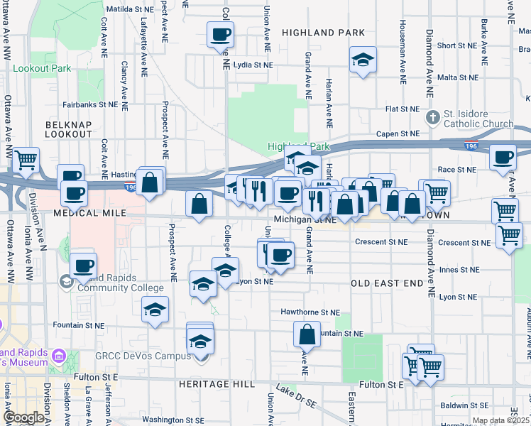 map of restaurants, bars, coffee shops, grocery stores, and more near 430 Union Avenue Northeast in Grand Rapids