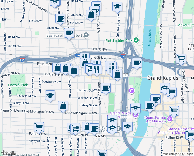 map of restaurants, bars, coffee shops, grocery stores, and more near 604 Bridge Street Northwest in Grand Rapids