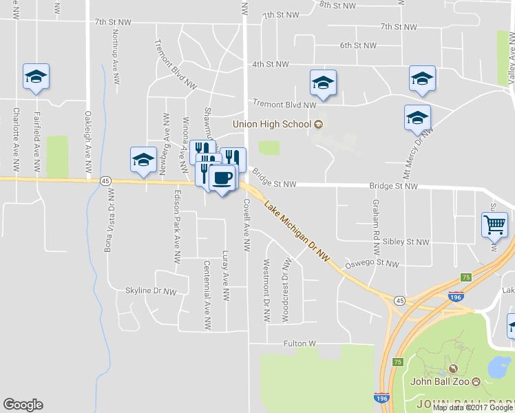 map of restaurants, bars, coffee shops, grocery stores, and more near 1934 Lake Michigan Drive Northwest in Grand Rapids