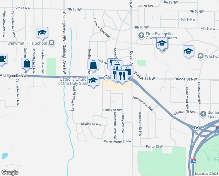 map of restaurants, bars, coffee shops, grocery stores, and more near 2125 Cayuga Street Northwest in Grand Rapids