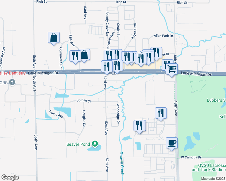 map of restaurants, bars, coffee shops, grocery stores, and more near 11088 52nd Avenue in Allendale Charter Township