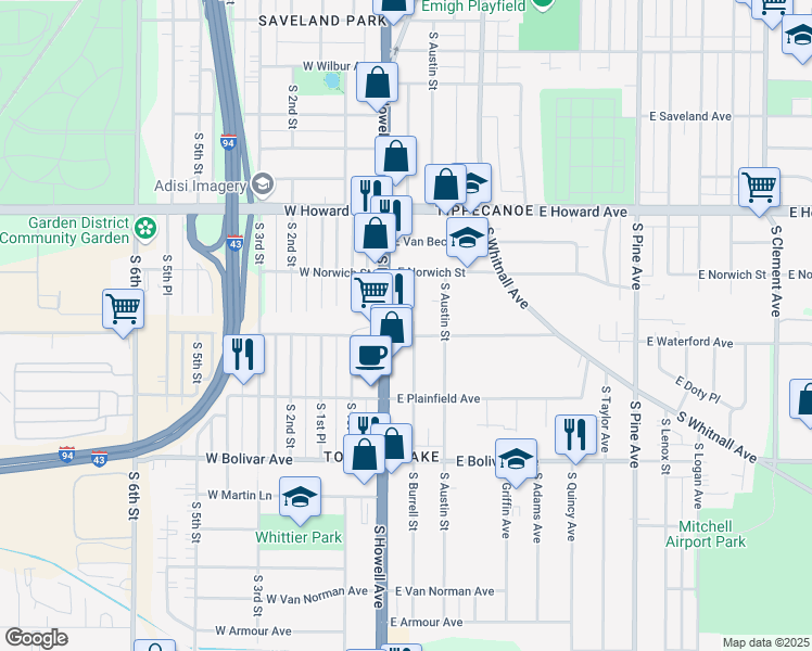 map of restaurants, bars, coffee shops, grocery stores, and more near 4067 A South Burrell Street in Milwaukee