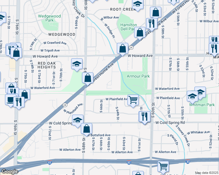 map of restaurants, bars, coffee shops, grocery stores, and more near 4085 South 65th Street in Greenfield