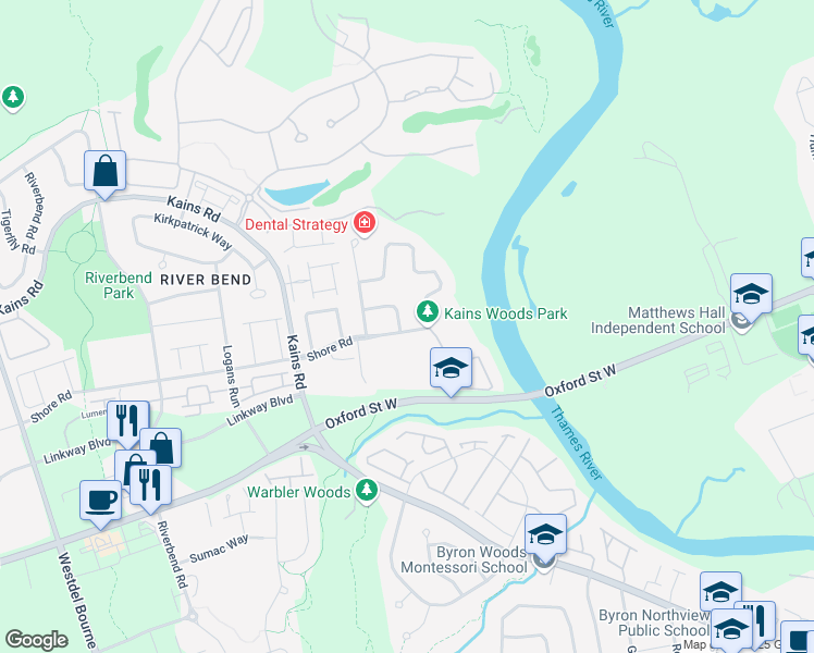 map of restaurants, bars, coffee shops, grocery stores, and more near 1176 Thamesridge Crescent in London