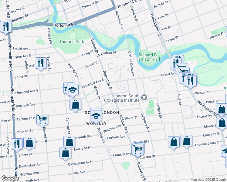 map of restaurants, bars, coffee shops, grocery stores, and more near 140 Ridout Street South in London