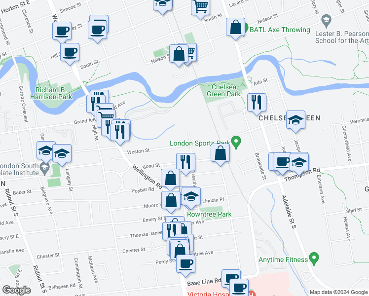map of restaurants, bars, coffee shops, grocery stores, and more near 85 Weston Street in London