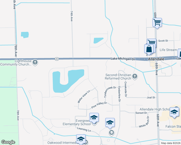 map of restaurants, bars, coffee shops, grocery stores, and more near 11092 Waterway Drive in Allendale Charter Township