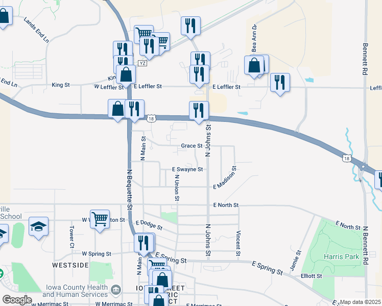map of restaurants, bars, coffee shops, grocery stores, and more near 1112 Roelli Ln in Dodgeville